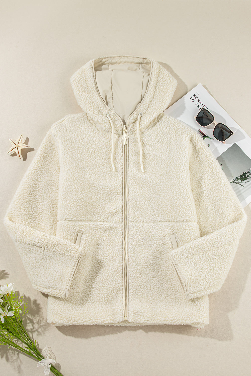 Medium Grey Fleece Zip Up Drawstring Hooded Pocketed Jacket