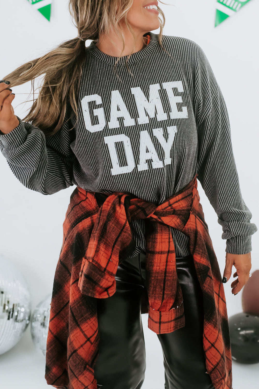 Bluing Corded GAME DAY Graphic Long Sleeve Crewneck Top