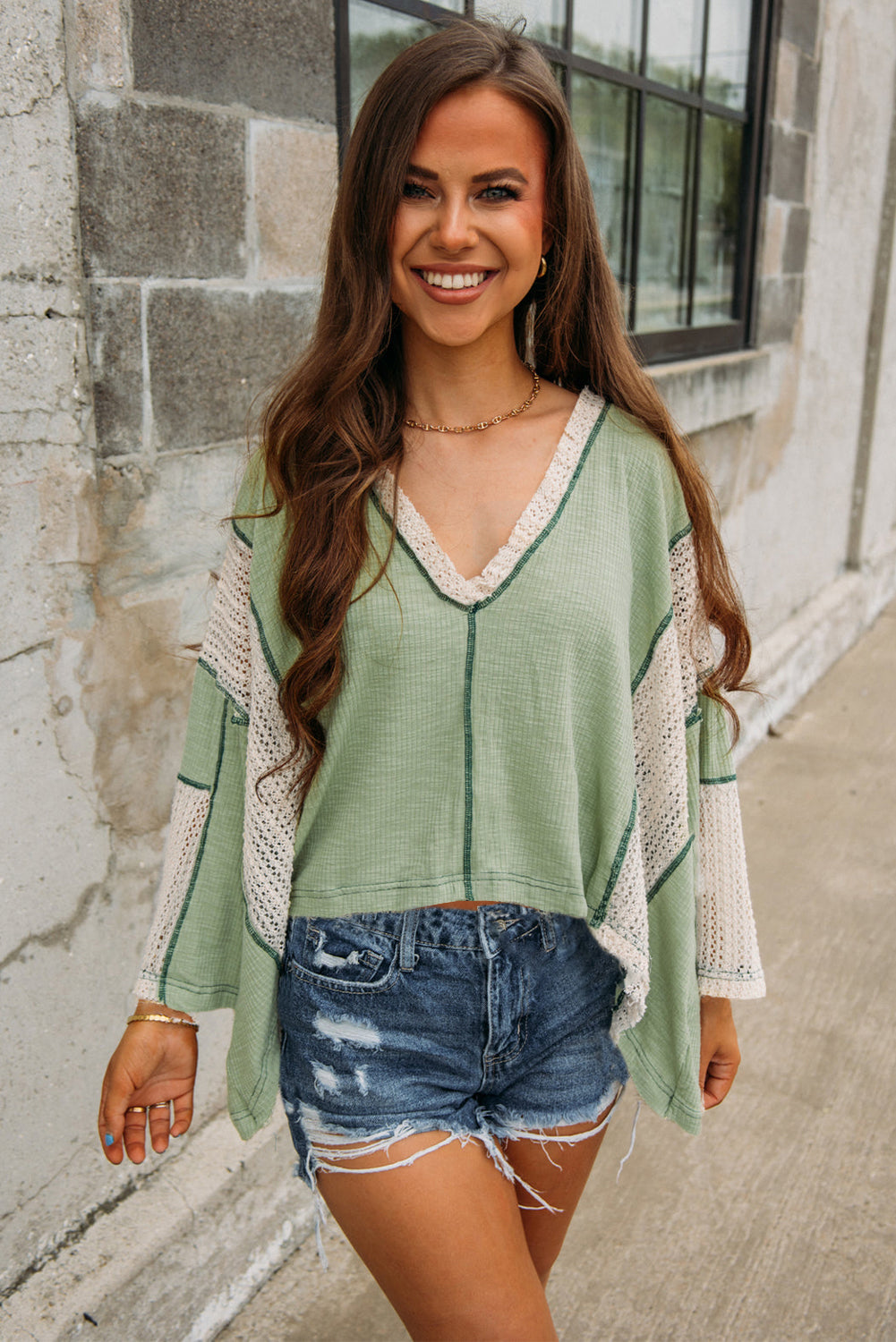 Parchment Crochet Detail Exposed Seam High Low Loose Top