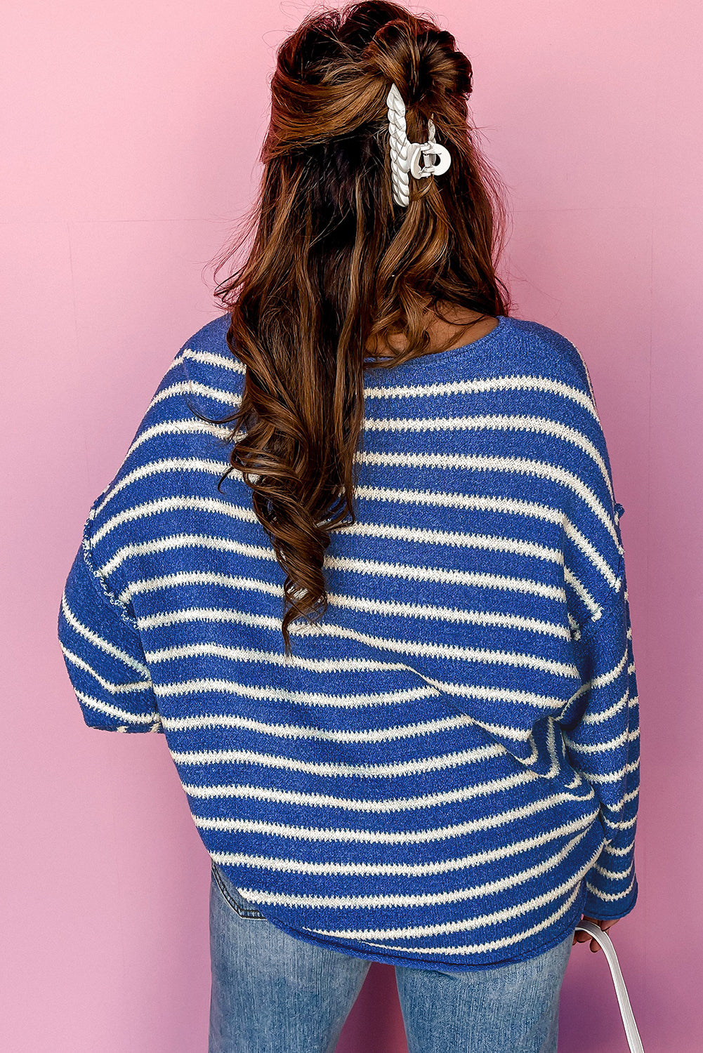 Khaki Stripe Drop Shoulder Casual Sweater