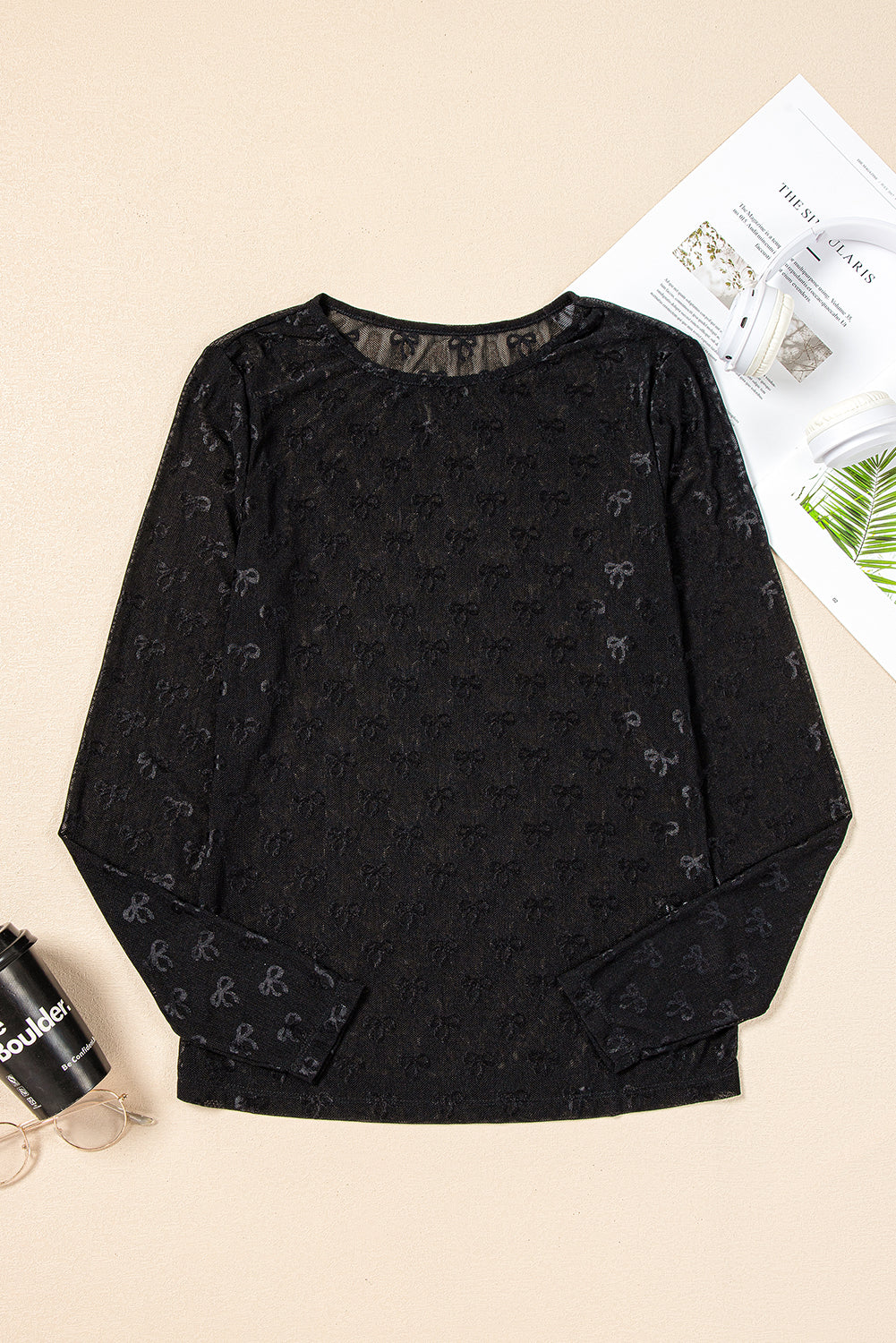 White Mesh Bow Pattern Long Sleeve Top