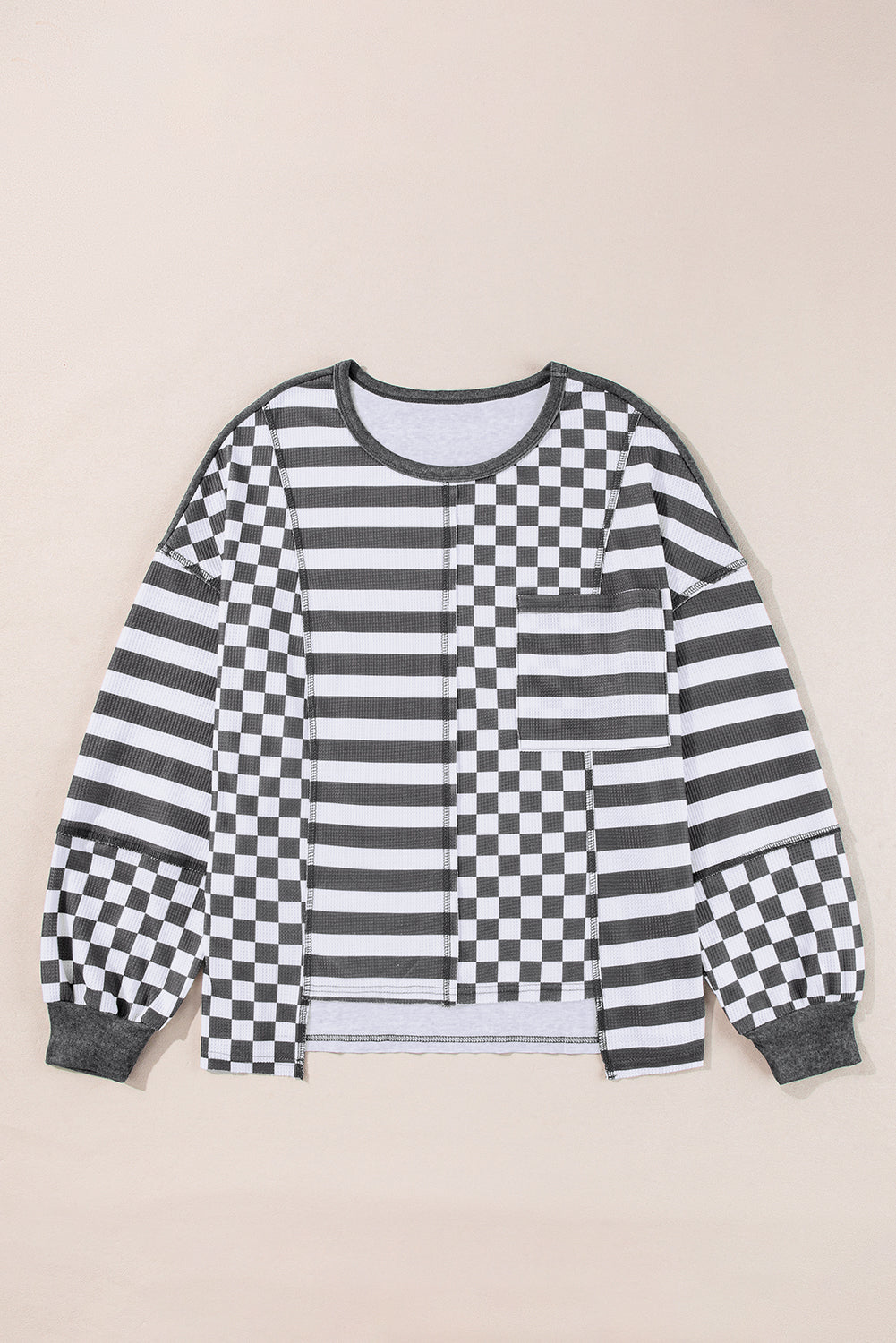 Rose Red Checkerboard Striped Patchwork Lantern Sleeve Pocketed Blouse