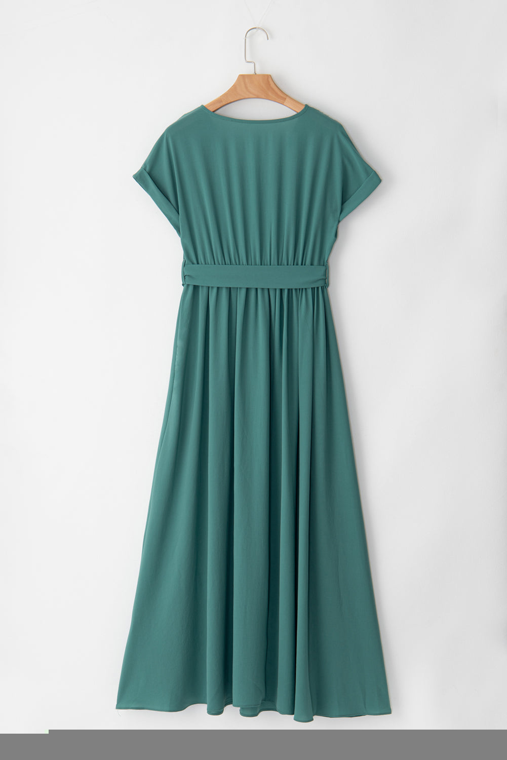 Blackish Green Solid Color V Neck Wrap Pleated Short Sleeve Maxi Dress