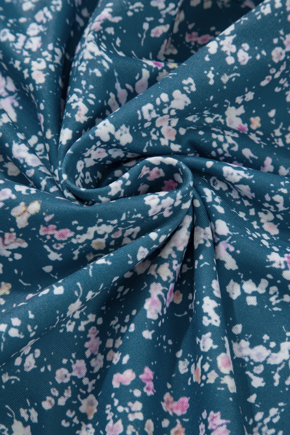 Blue Floral Color Block Patchwork Ruffled Hem Round Neck Blouse