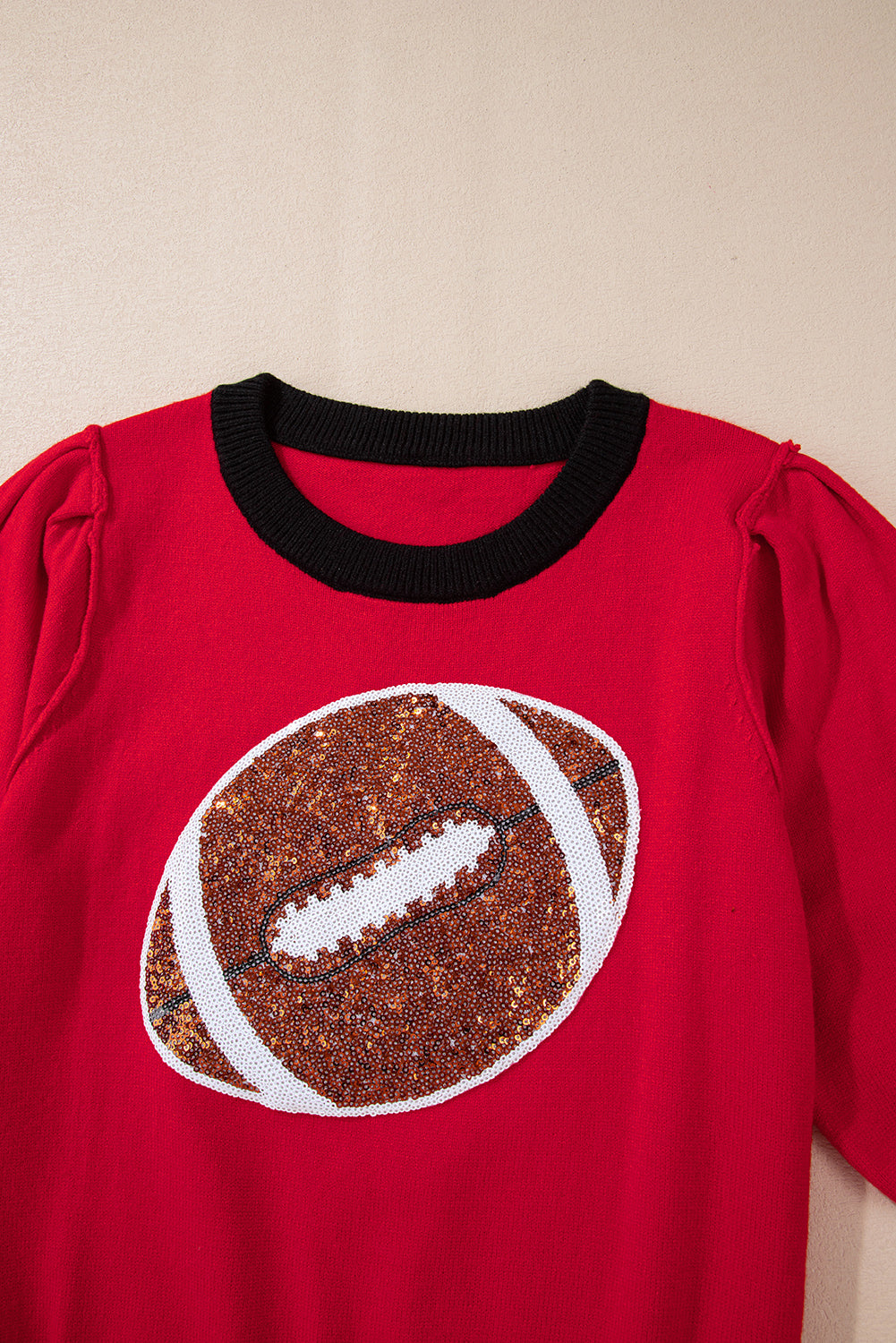 Purple Sequin Rugby Color Block Puff Short Sleeve Sweater