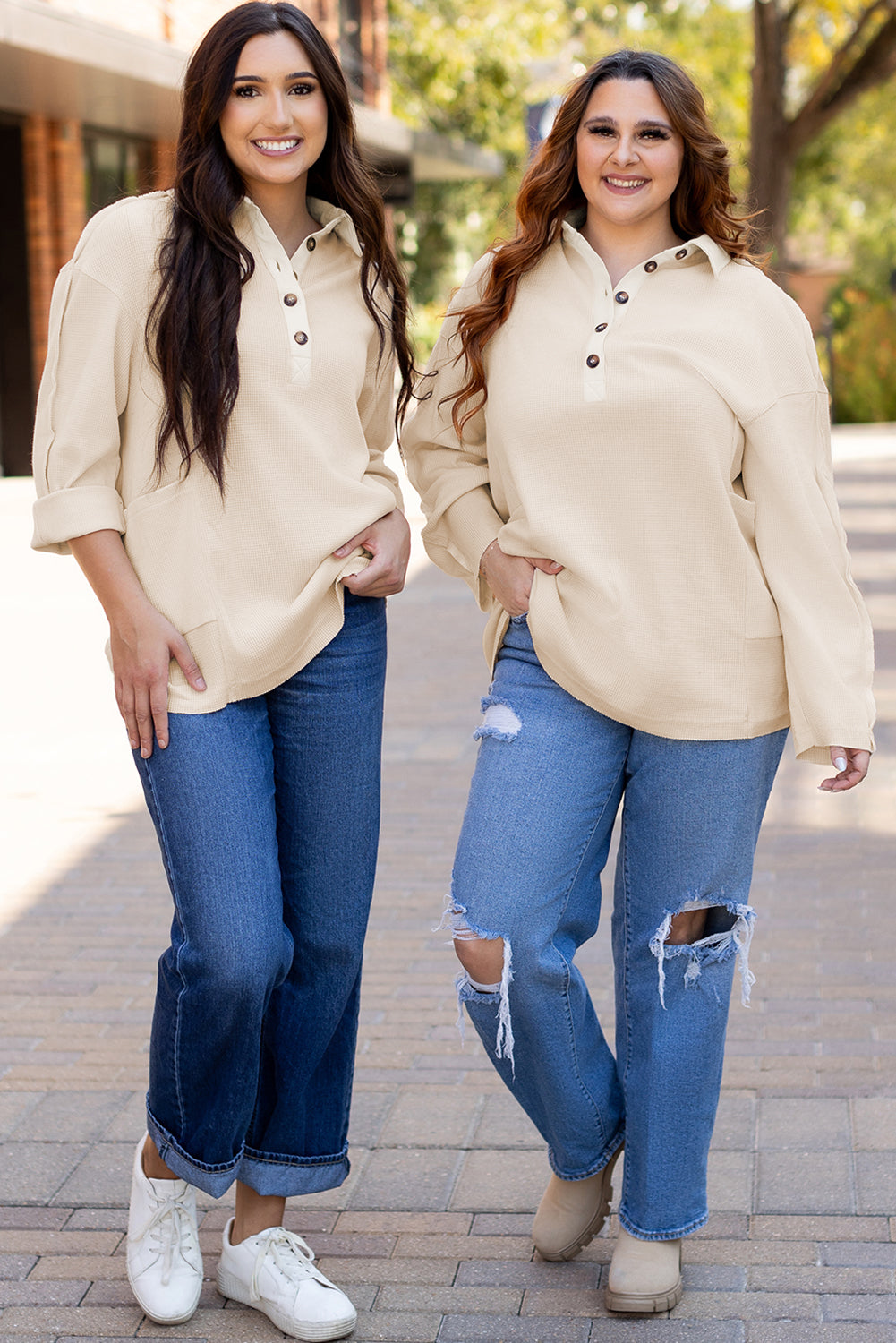 Smoke Green Waffle Long Sleeve Collar Half Button Loose Top