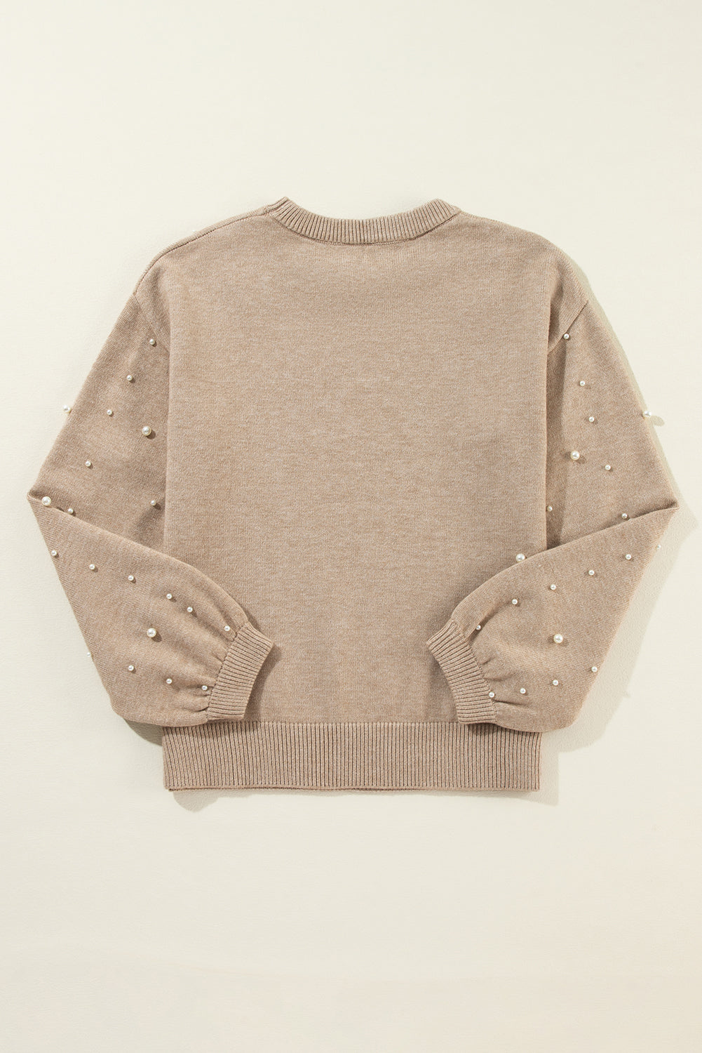 Light Grey Pearled Drop Shoulder Round Neck Sweater