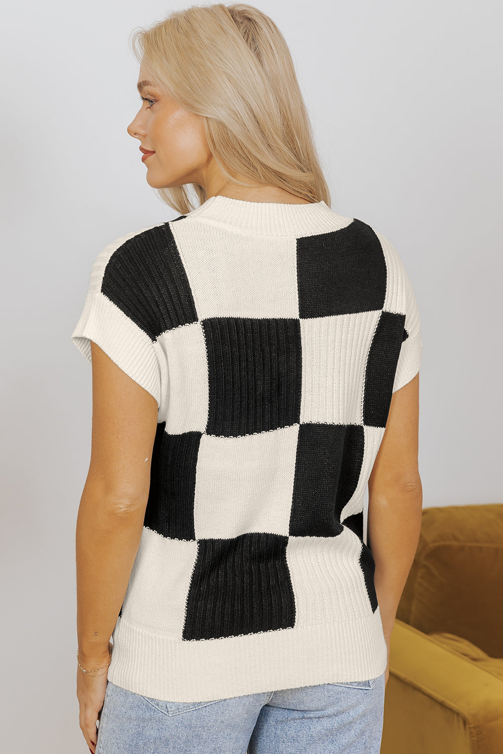 Light Blue Checkered Color Block Crew Neck Short Sleeve Sweater