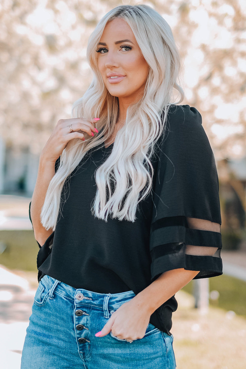 Green Flare Sleeve V Neck Loose Blouse