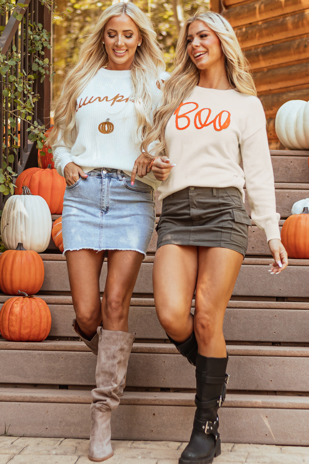 Orange Boo Knitted Pattern Ribbed Edge Drop Shoulder Sweater