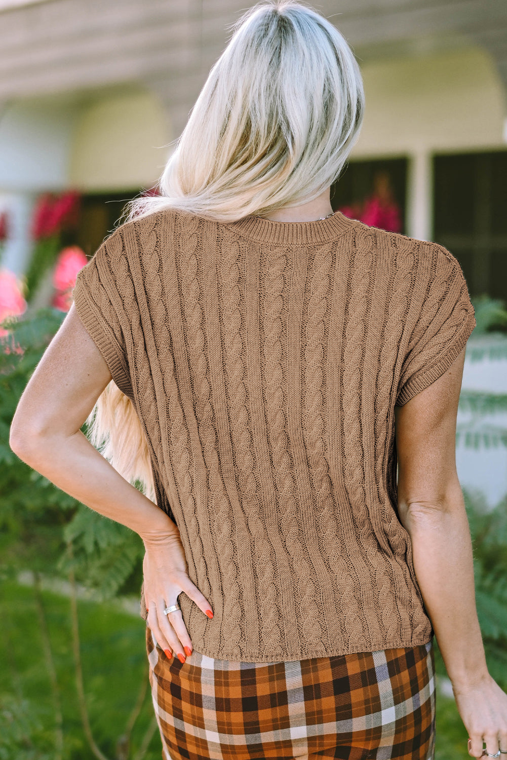 Black Crew Neck Cable Knit Short Sleeve Sweater