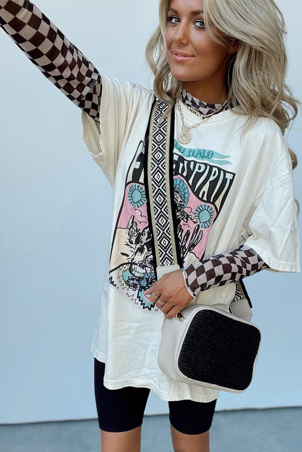 Khaki Checkered Pattern Mesh Mock Neck Long Sleeve Top