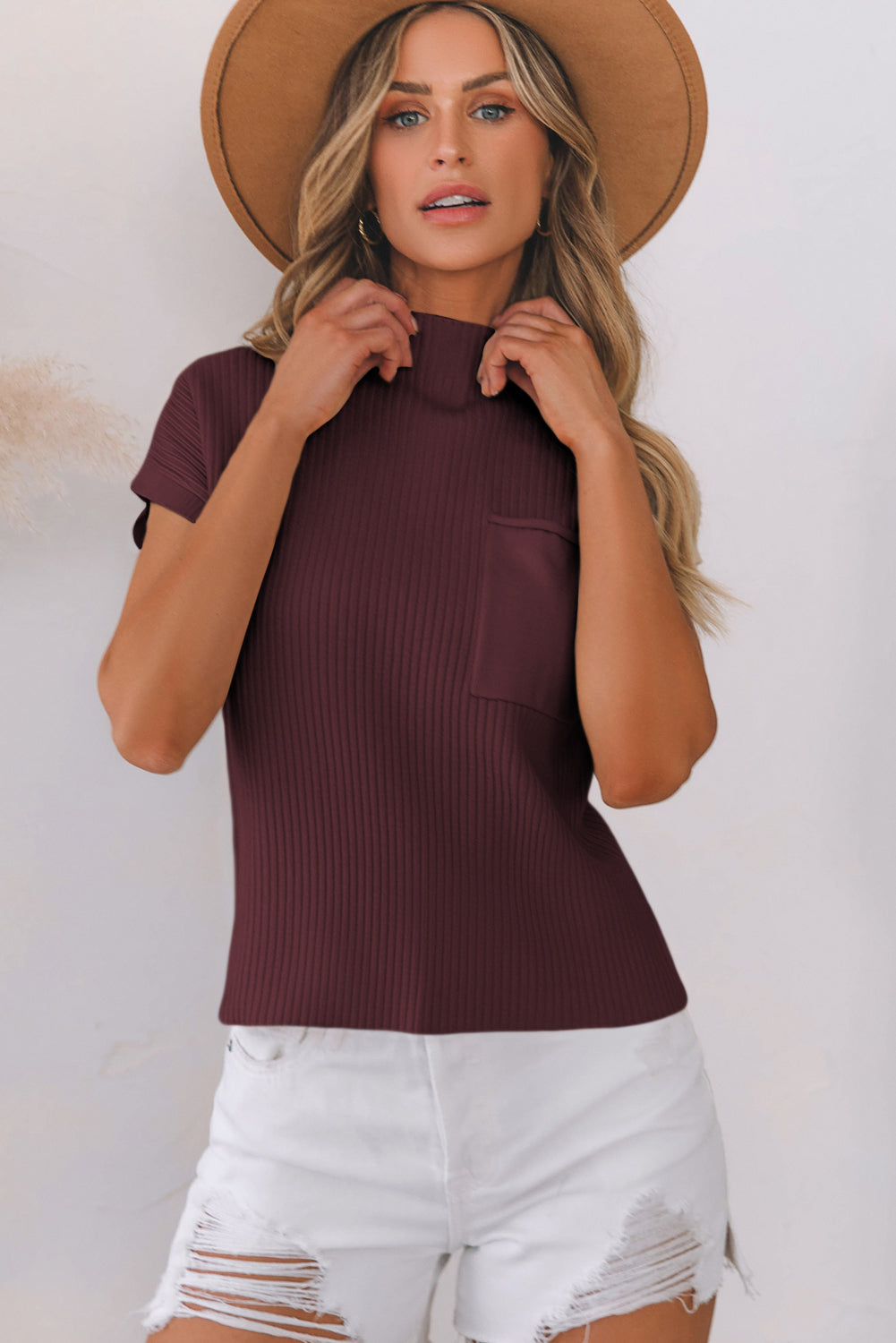 Beau Blue Patch Pocket Ribbed Knit Short Sleeve Sweater