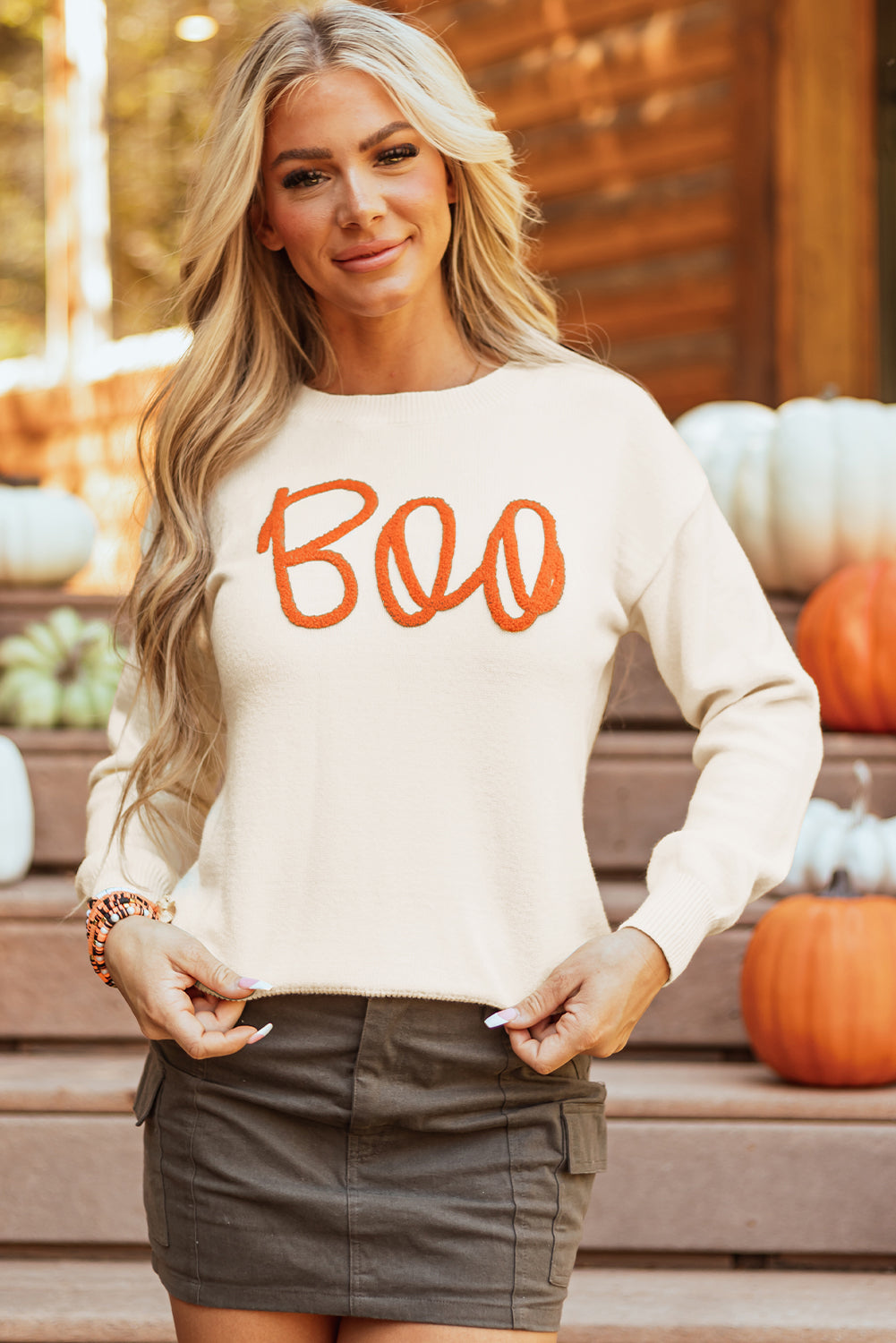 Orange Boo Knitted Pattern Ribbed Edge Drop Shoulder Sweater