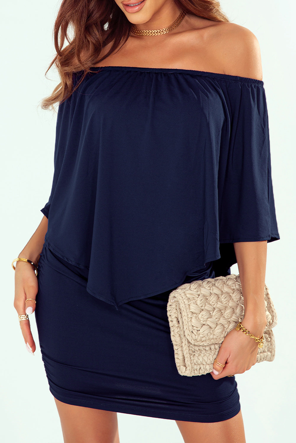 Multiple Dressing Layered Dark Blue Mini Poncho Dress