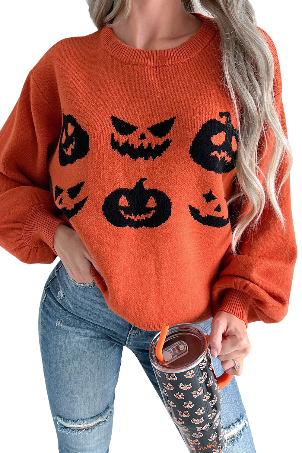 Black Halloween Pumpkin Face Pattern Drop Shoulder Sweater
