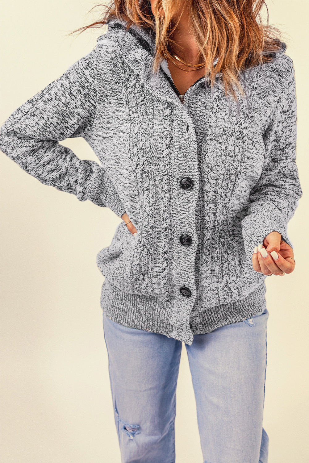 Navy Blue Long Sleeve Button-up Hooded Cardigans