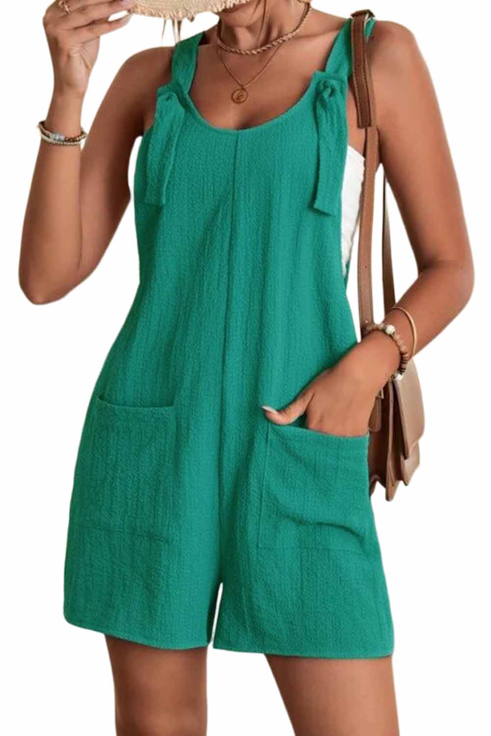 Pink Adjustable Straps Pocketed Textured Romper