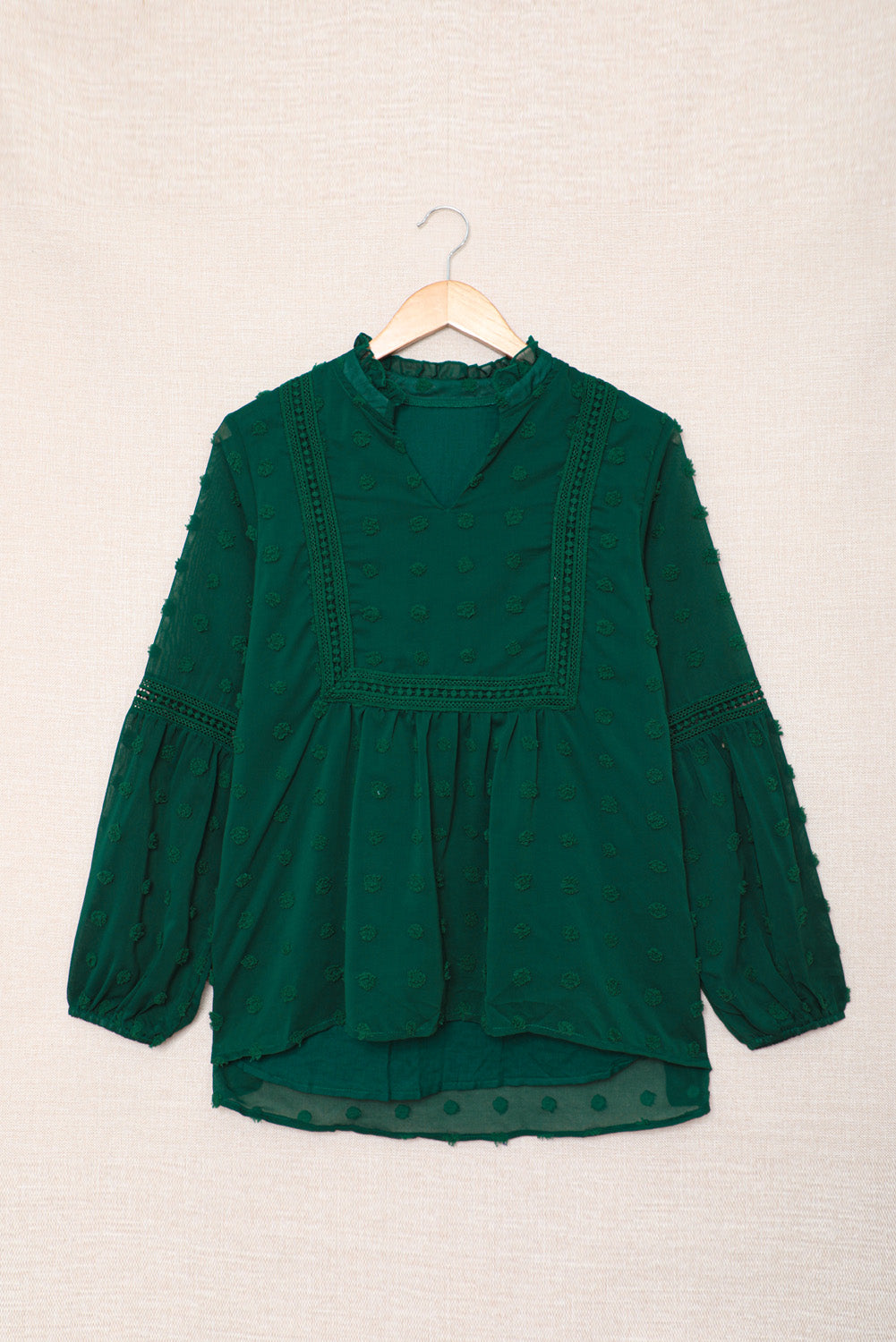 Blue Ruffled Split Neck Lace Hollow Out Puff Sleeve Polka Dot Blouse