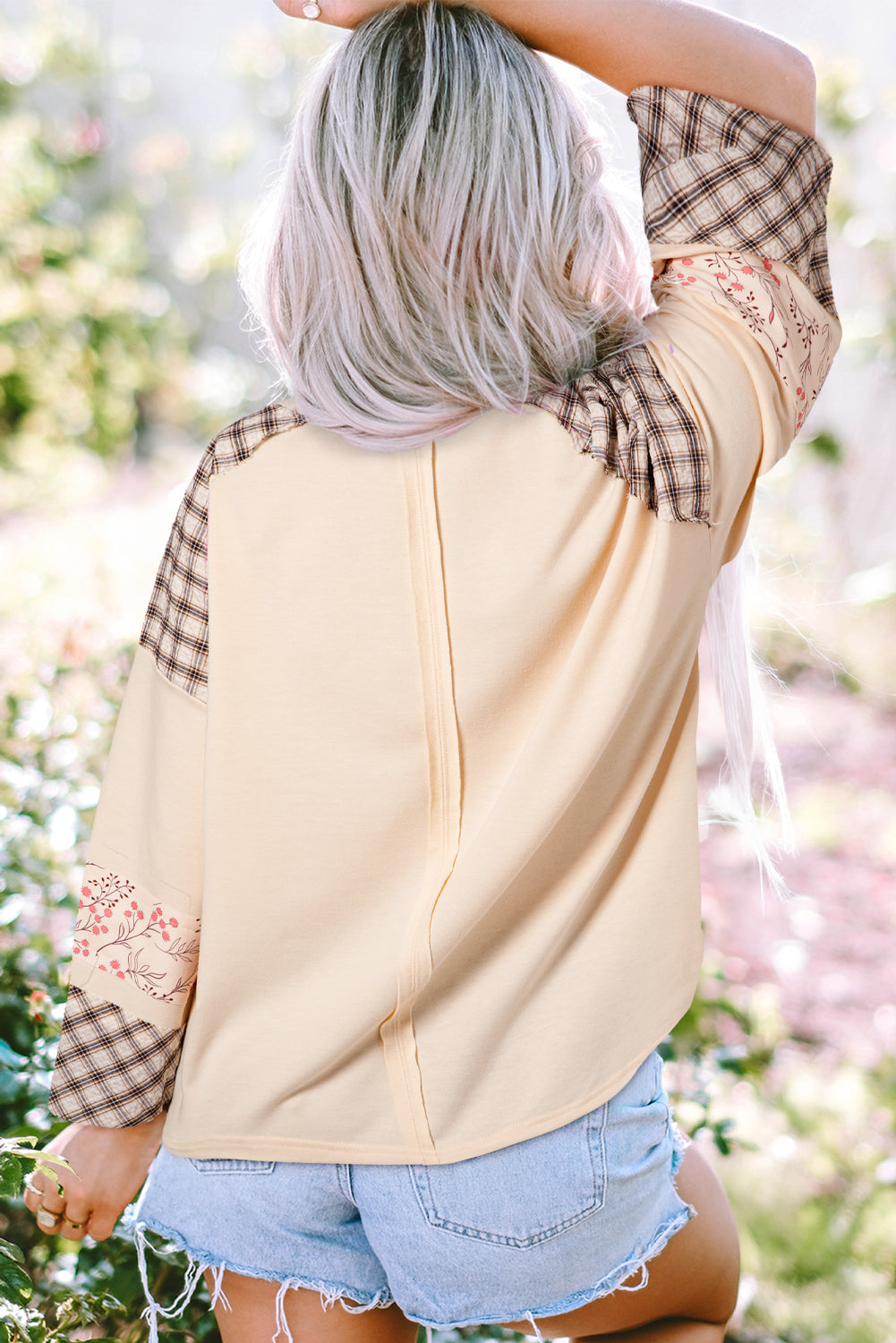 Clearly Aqua Plaid Floral Peace Heart Graphic Wide Long Sleeve Top