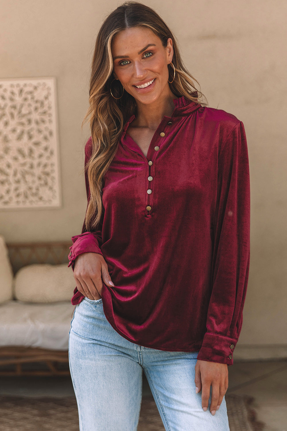 Desert Palm Frilled Neck Buttoned Front Velvet Top