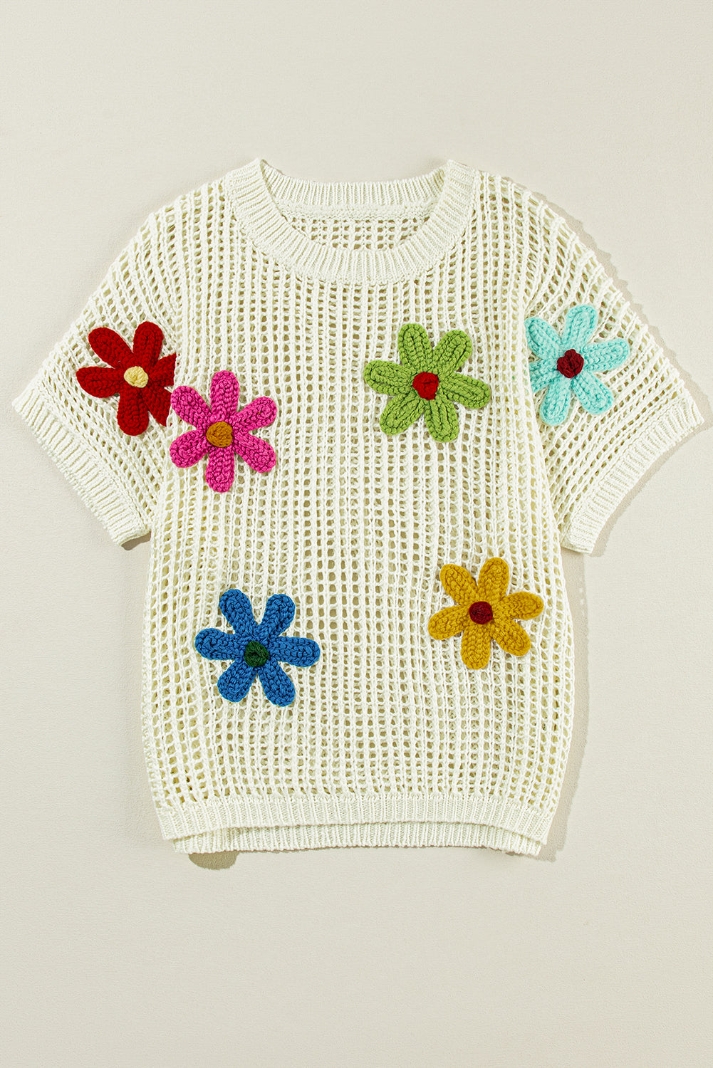Light French Beige Crochet Flower Hollow-out Sweater T Shirt