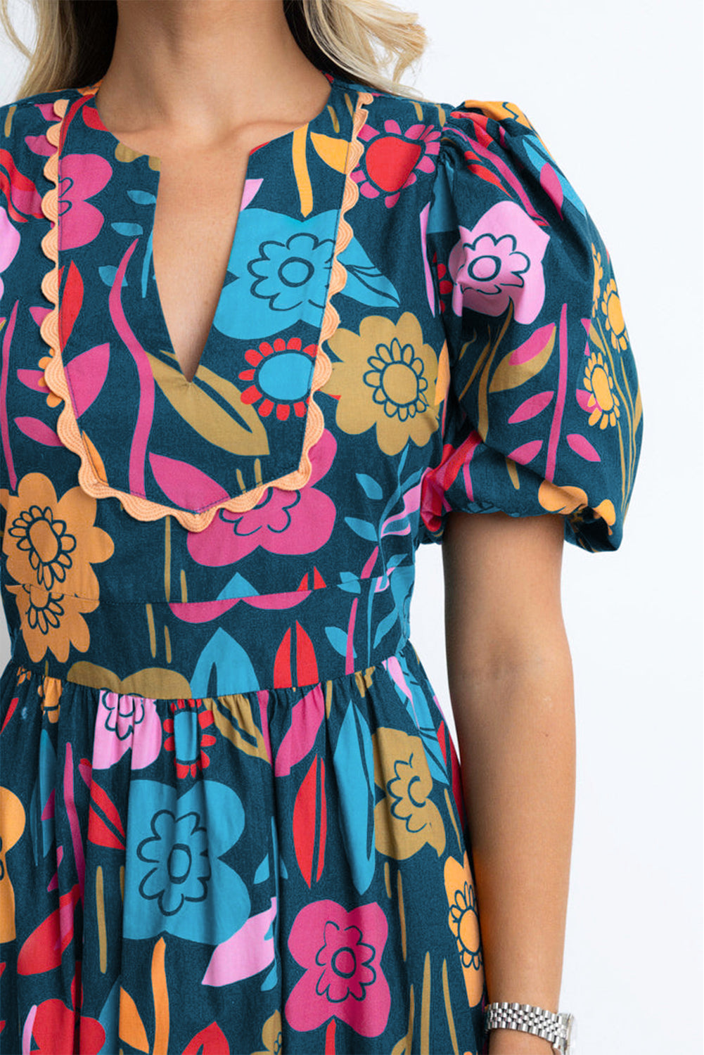 Black Retro Floral Printed Split Neck Maxi Dress