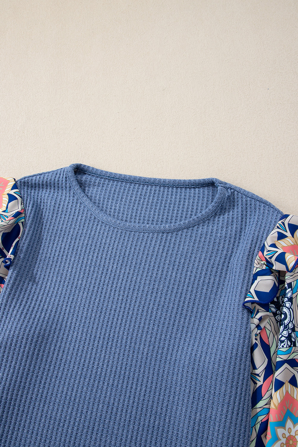 Coffee Ruffled Floral Sleeve Patchwork Waffle Knit O Neck Blouse