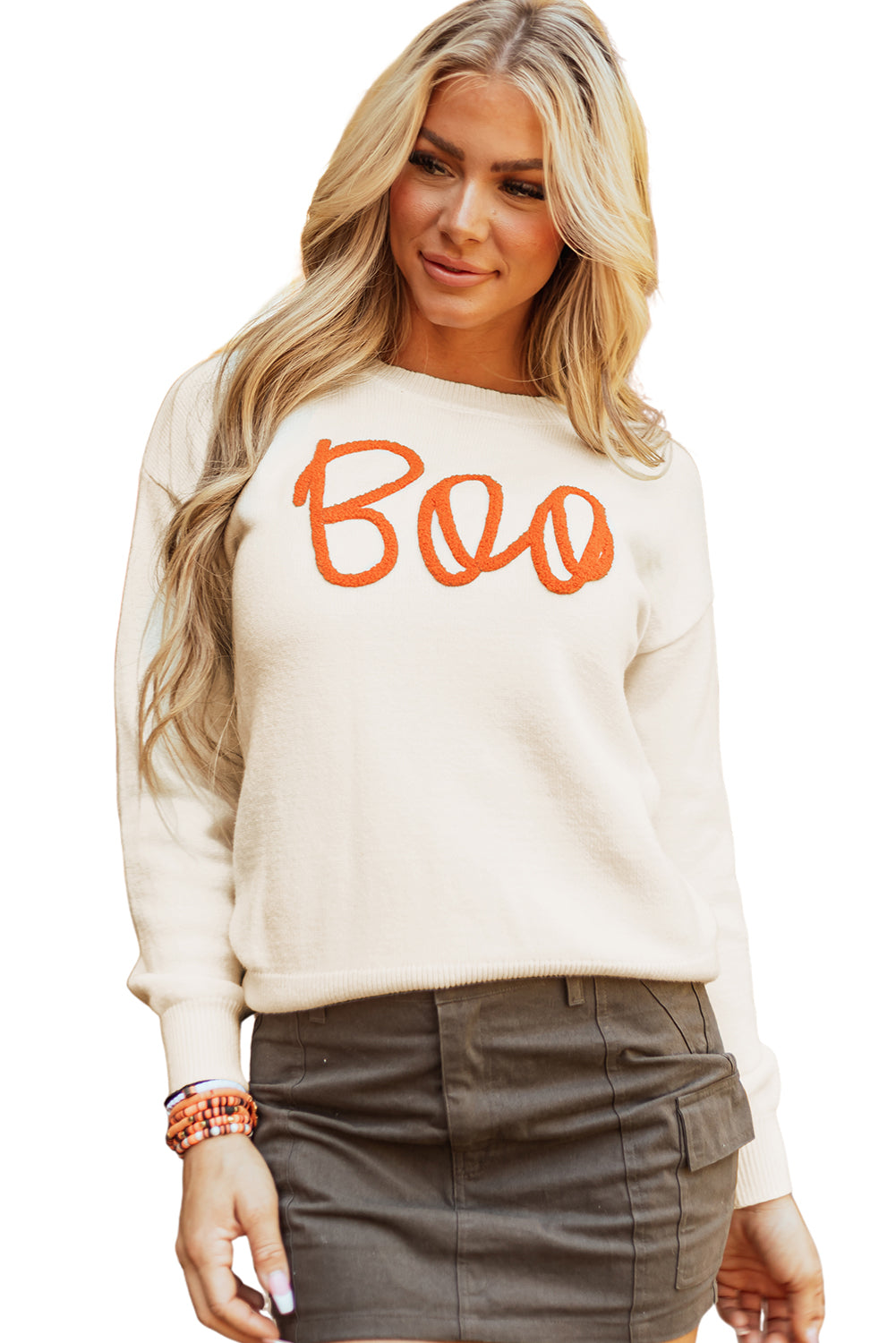 Orange Boo Knitted Pattern Ribbed Edge Drop Shoulder Sweater