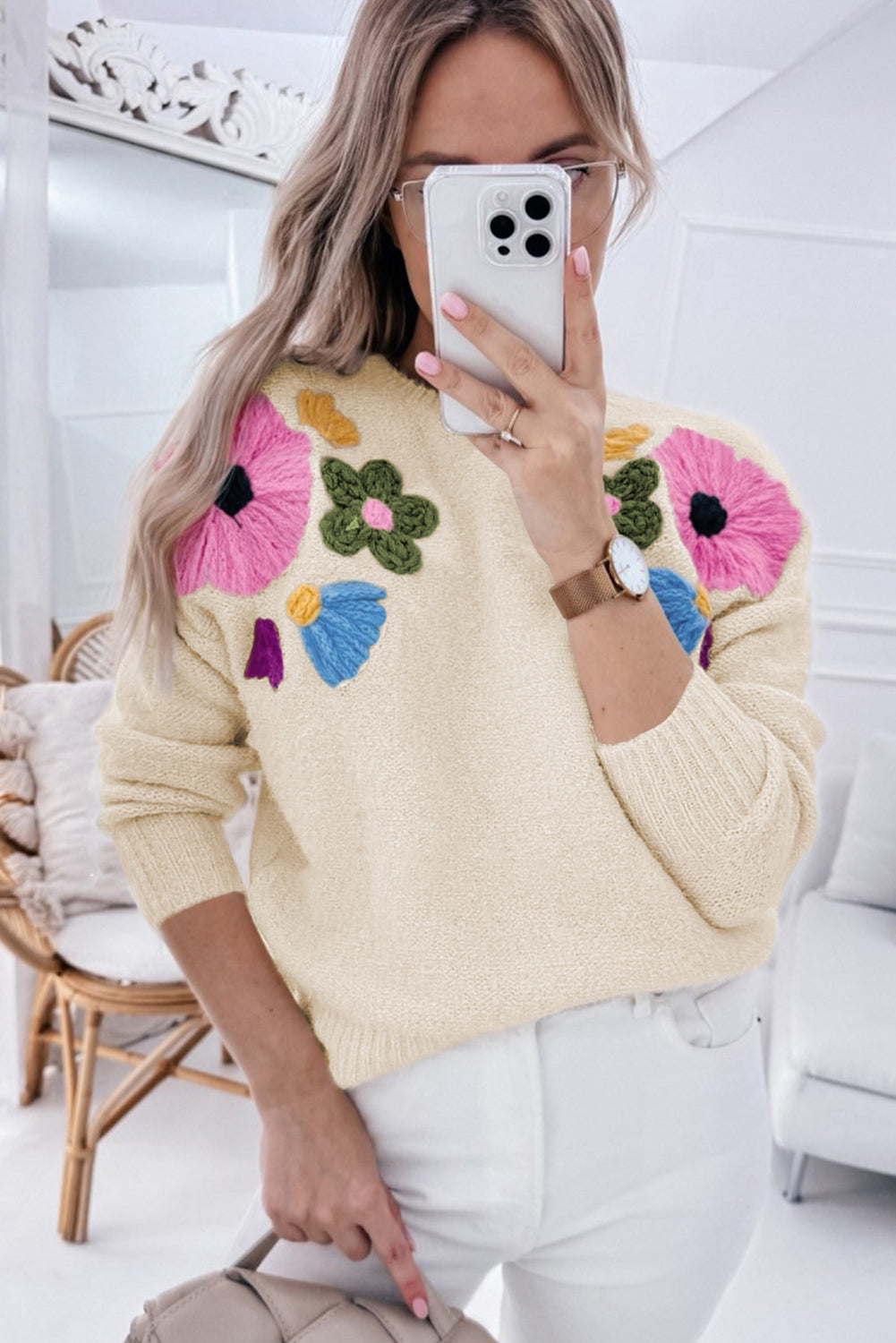 Light Blue Knitted Flower Pattern Ribbed Edge Sweater