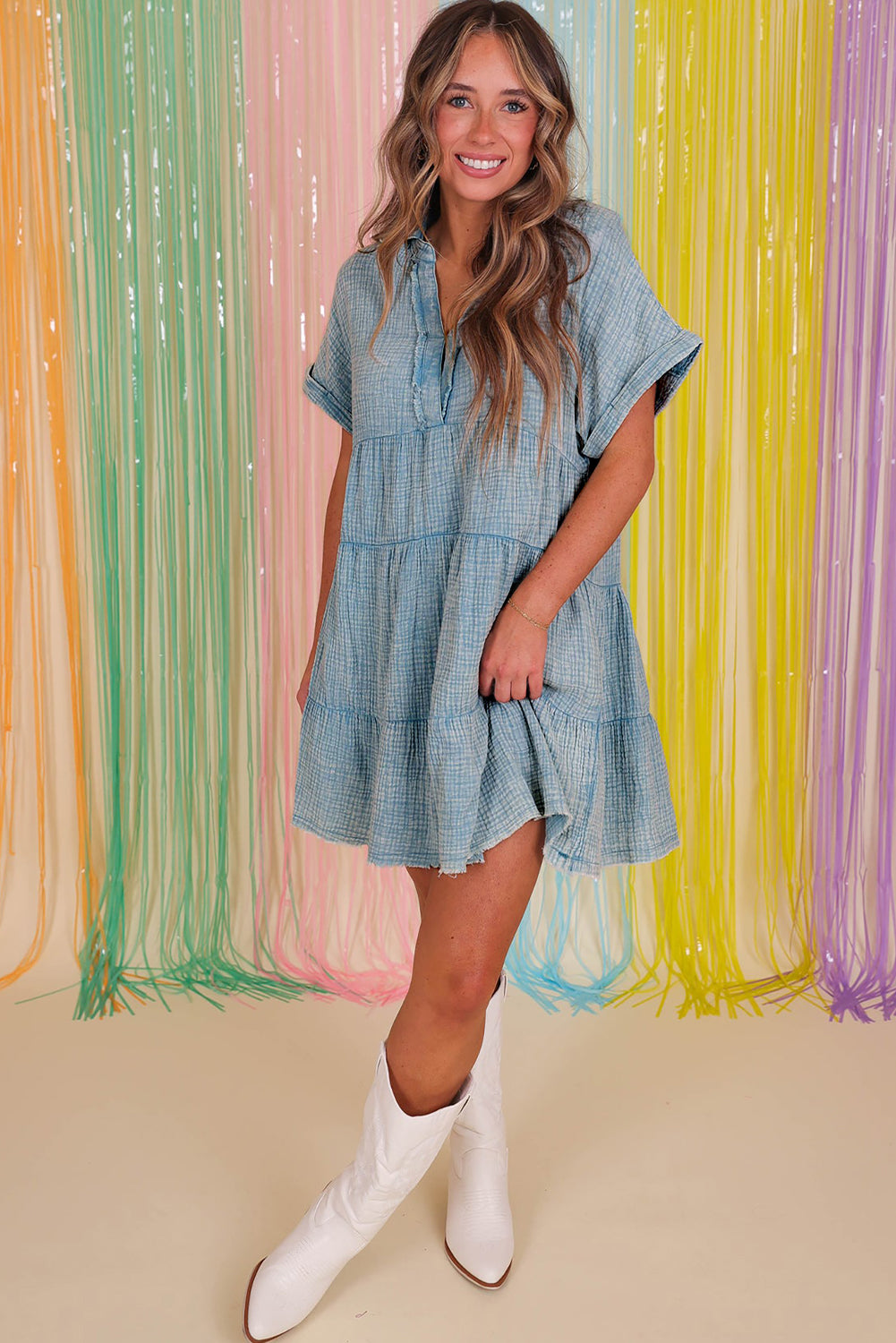 Strawberry Pink Mineral Wash Crinkle Split Neck Raw Hem Tiered Dress
