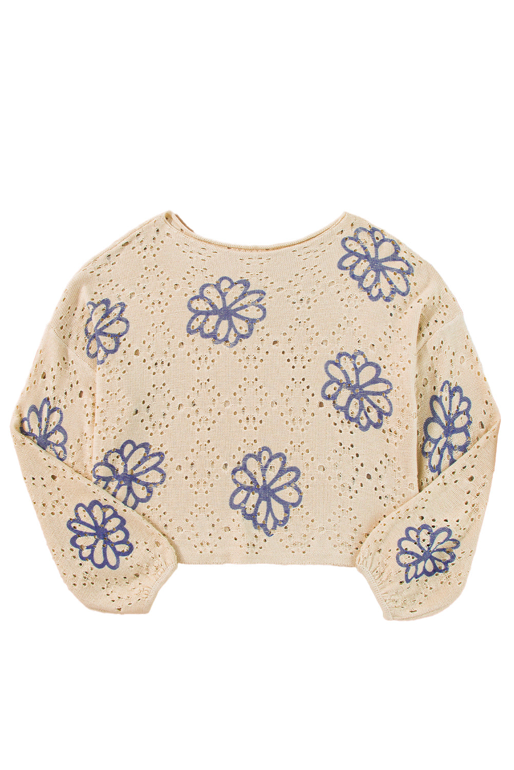 White Contrast Flower Print Eyelet Drop Shoulder Sweater