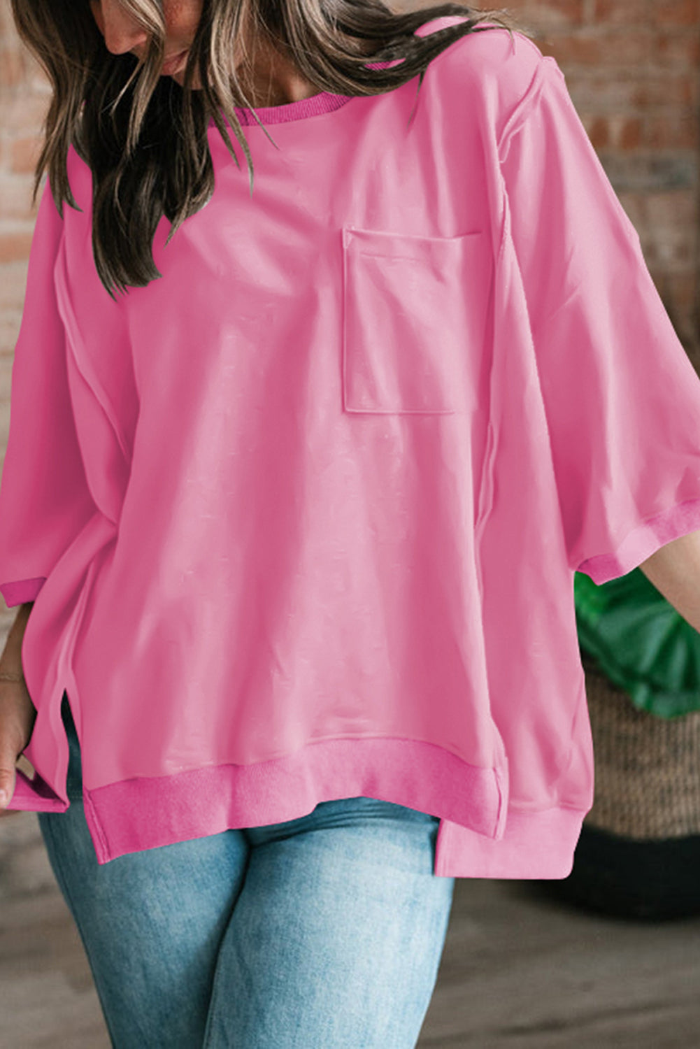 Light Grey Exposed Seam Chest Pocket Split Loose T Shirt