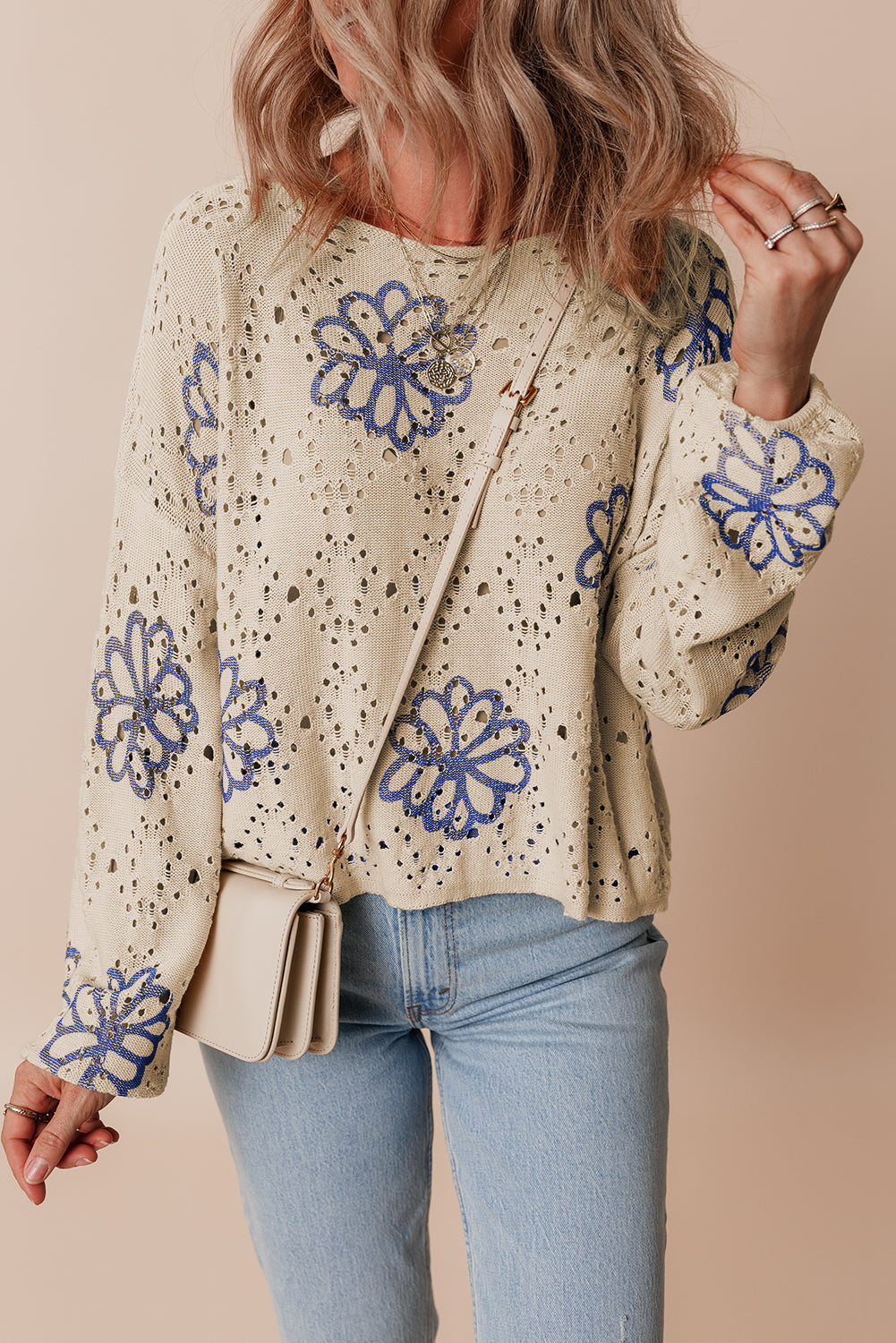White Contrast Flower Print Eyelet Drop Shoulder Sweater