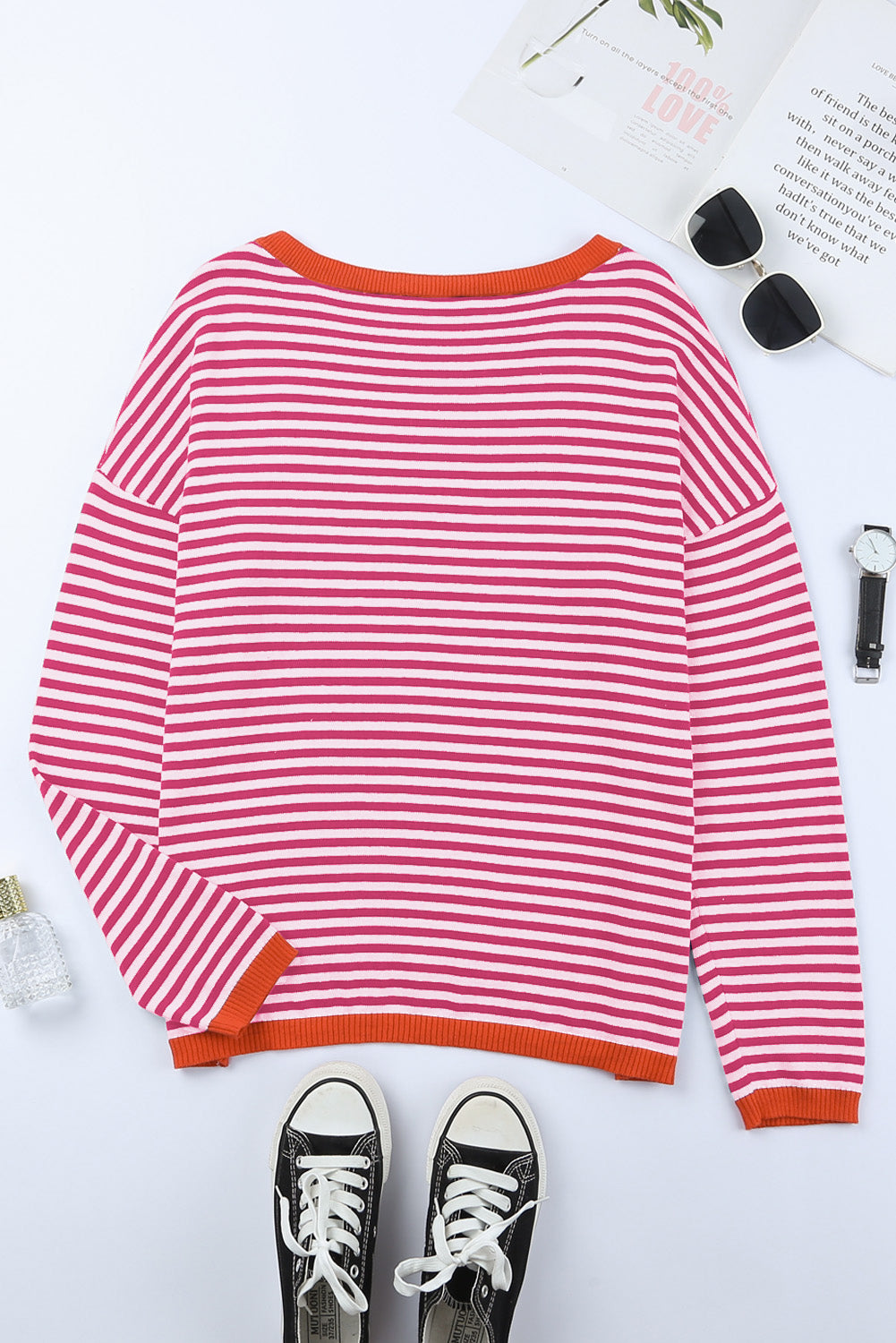 Fiery Red Contrast Trimmed Striped Drop Shoulder Sweater