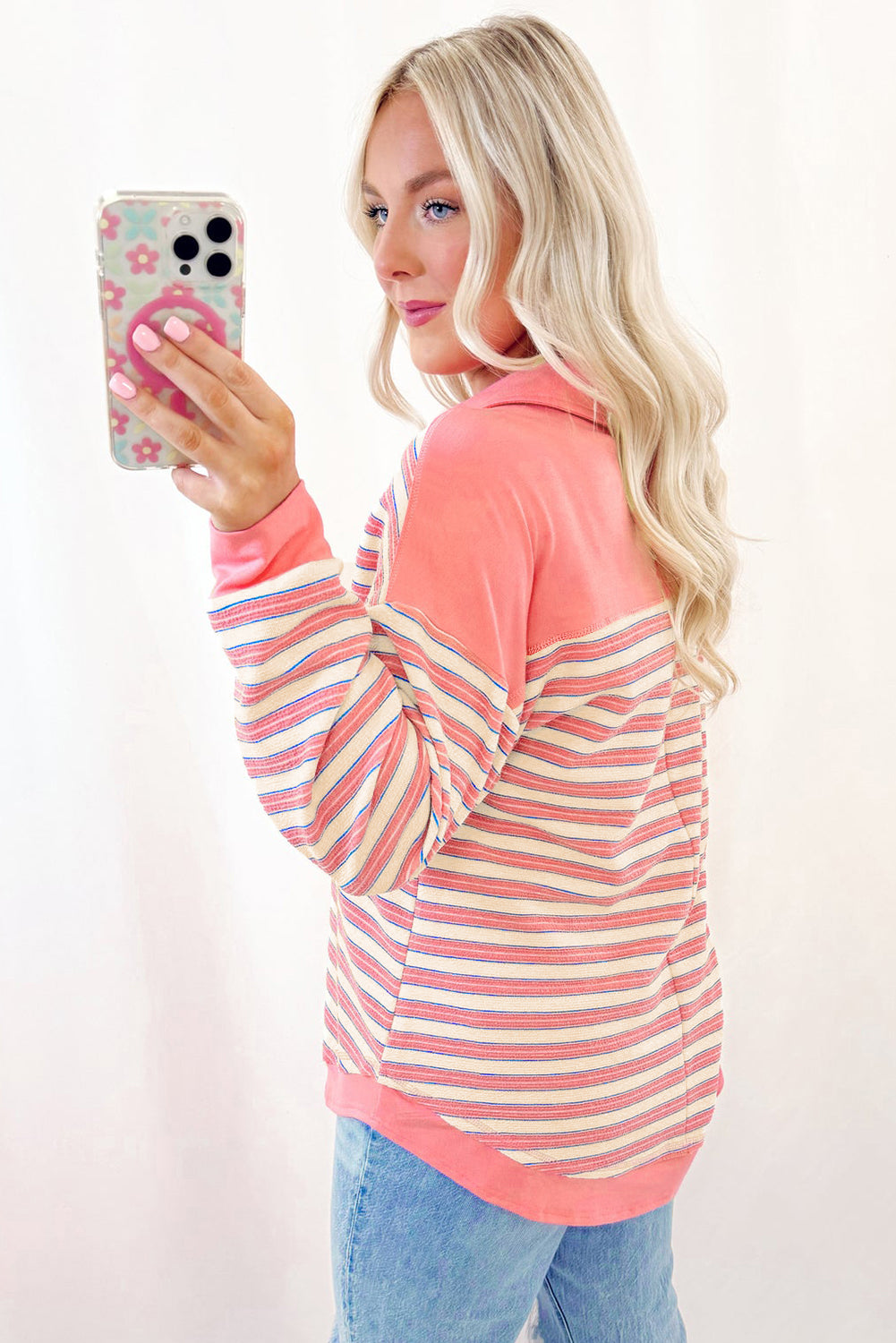 Blue Stripe Buttoned V Neck Collared Drop Shoulder Top