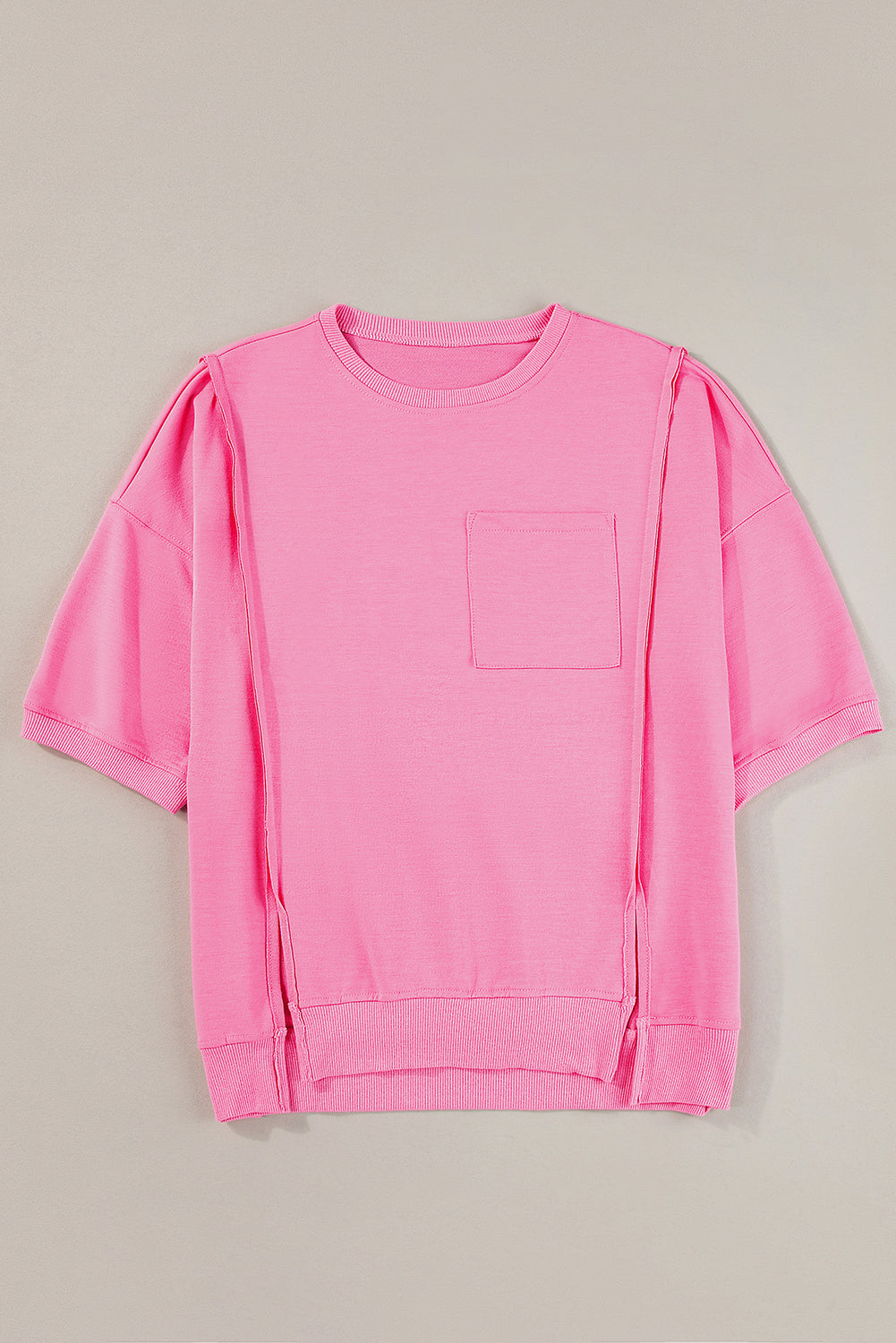 Light Grey Exposed Seam Chest Pocket Split Loose T Shirt