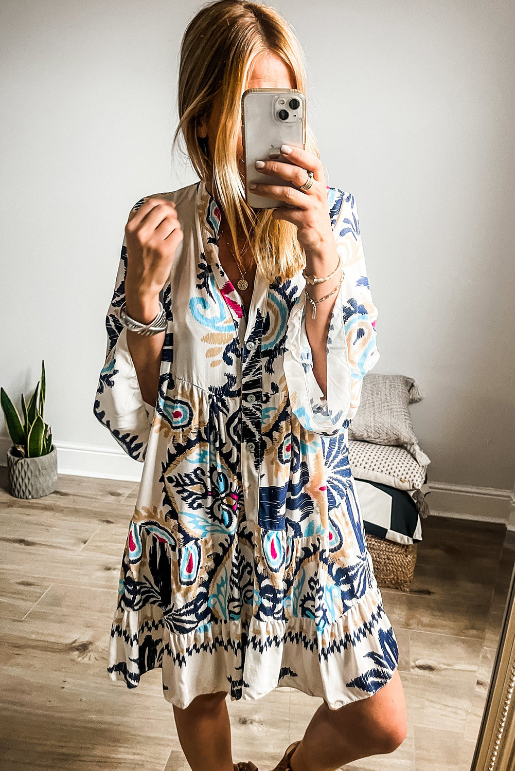 Green Tribal Bracelet Sleeve Buttoned Mini Dress