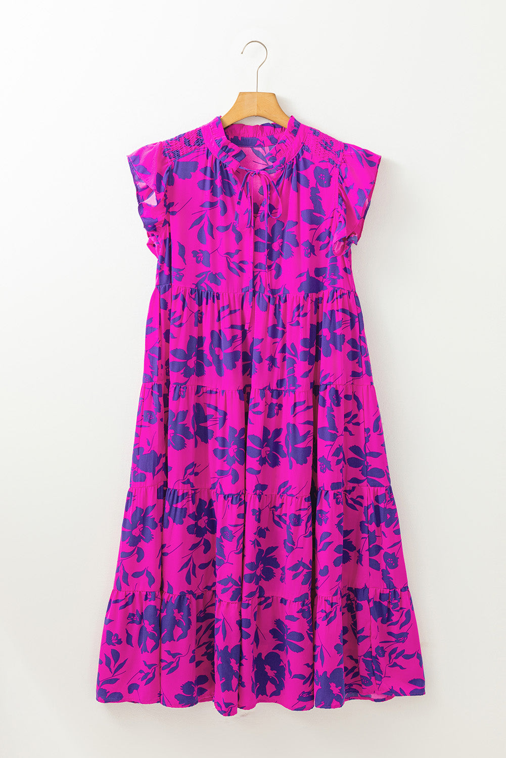 Sky Blue Floral Print Tiered Frilled Trim Flutter Sleeve Maxi Dress