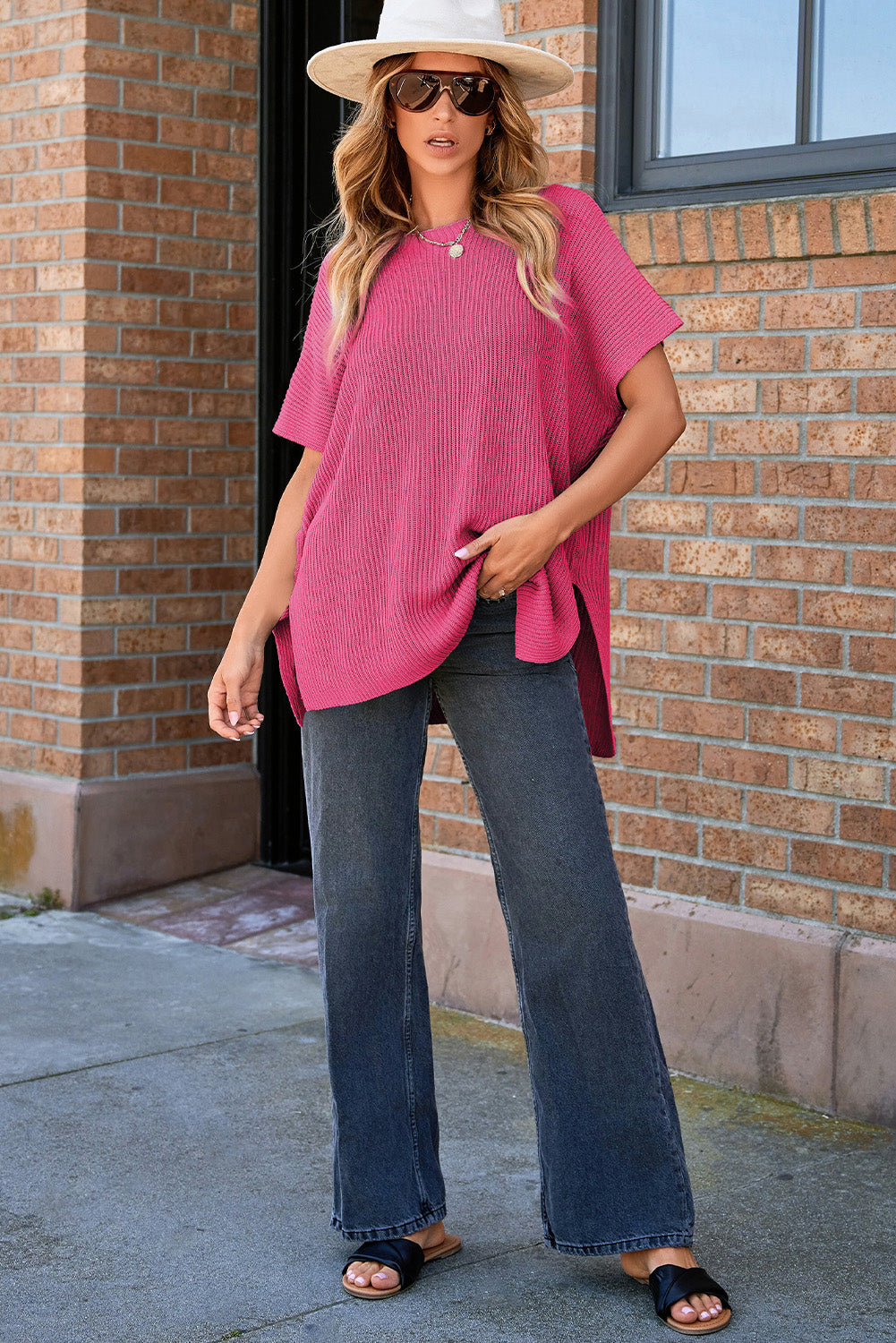 Haze Blue Short Sleeve Side Slit Oversized Sweater