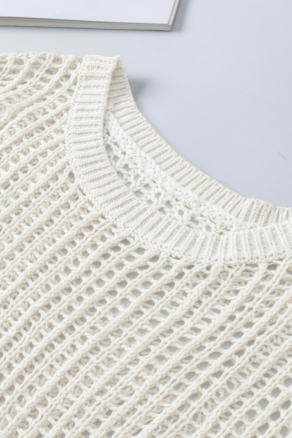 Black Fishnet Knit Ribbed Round Neck Short Sleeve Sweater Tee
