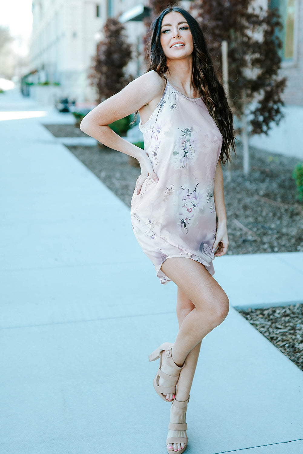 Palm Tree Leaf Print Navy Sleeveless Dress