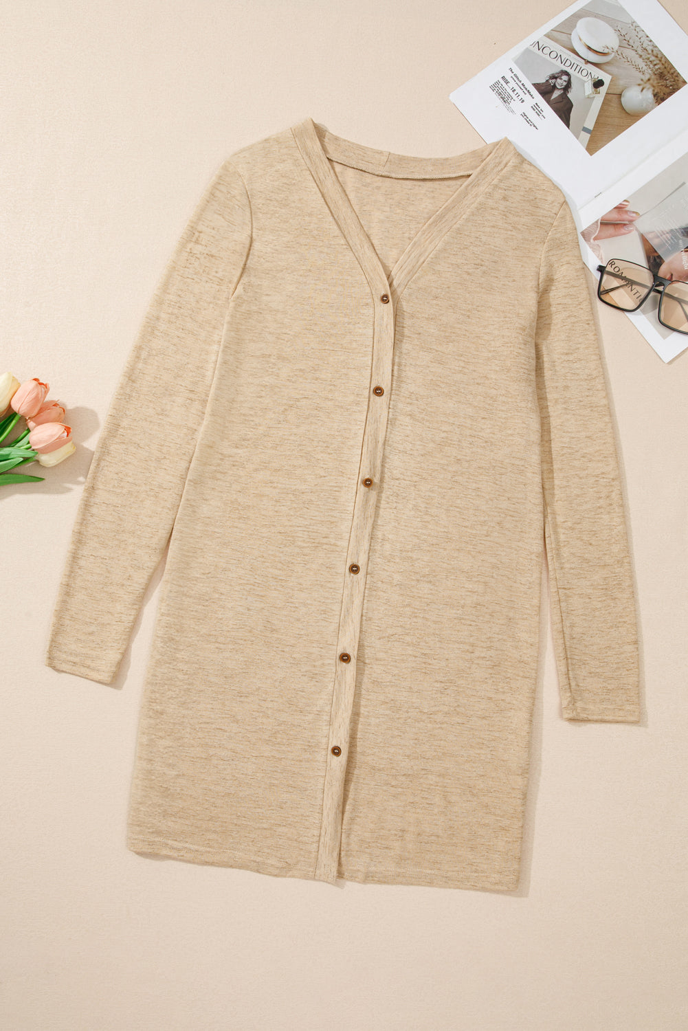 Solid Color Open-Front Buttons Cardigan