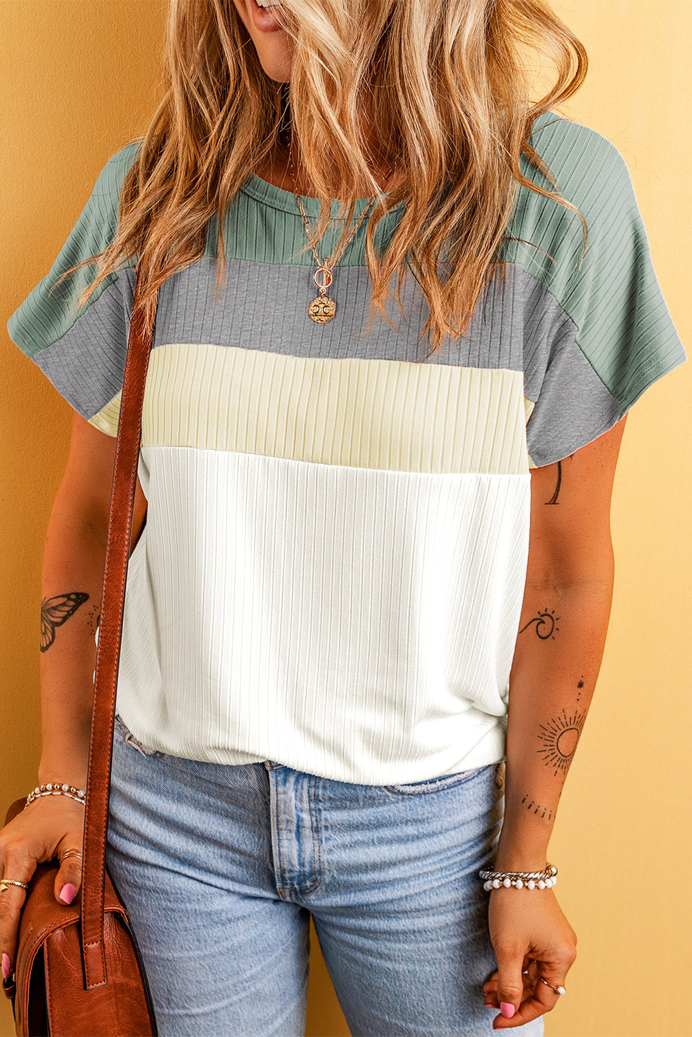 Gray Ribbed Color Block Patchwork T-shirt