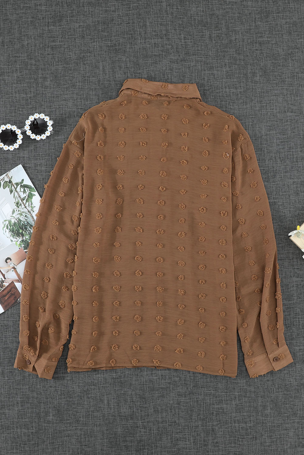 Gray Long Sleeve Button Fuzzy Polka Dot Shirt