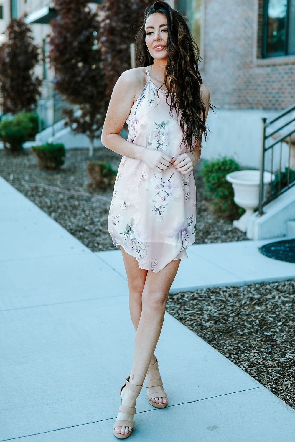 Palm Tree Leaf Print Navy Sleeveless Dress