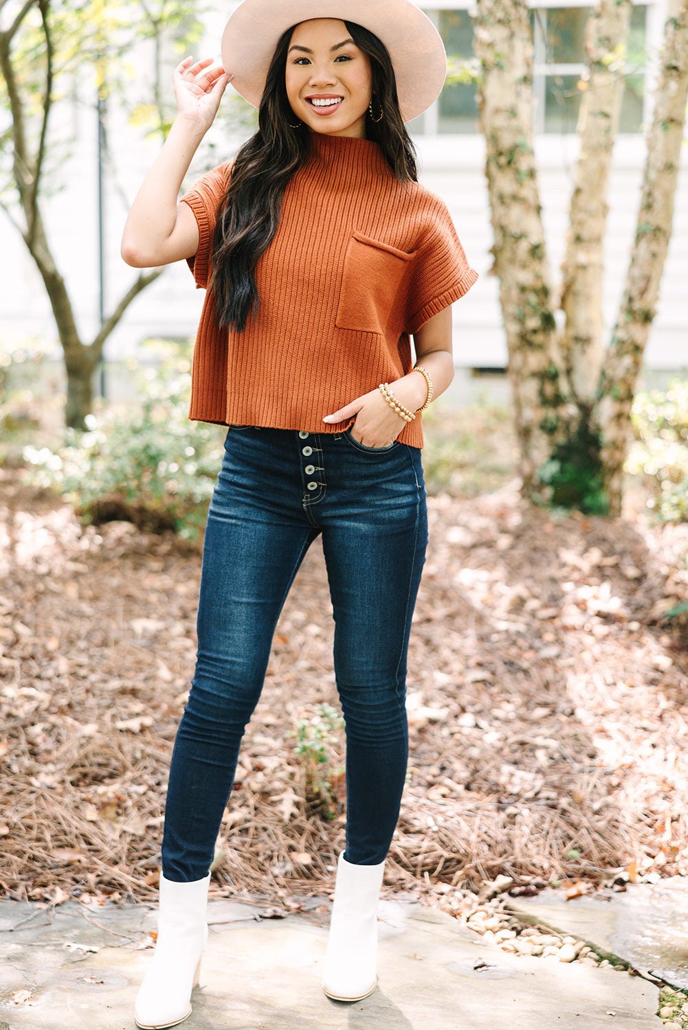Beau Blue Patch Pocket Ribbed Knit Short Sleeve Sweater