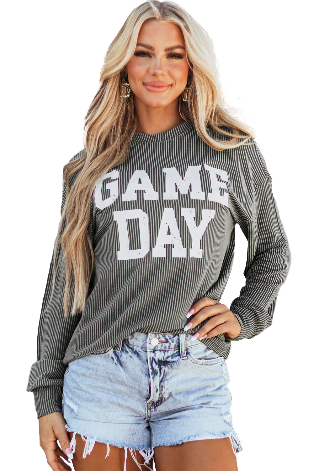 Bluing Corded GAME DAY Graphic Long Sleeve Crewneck Top