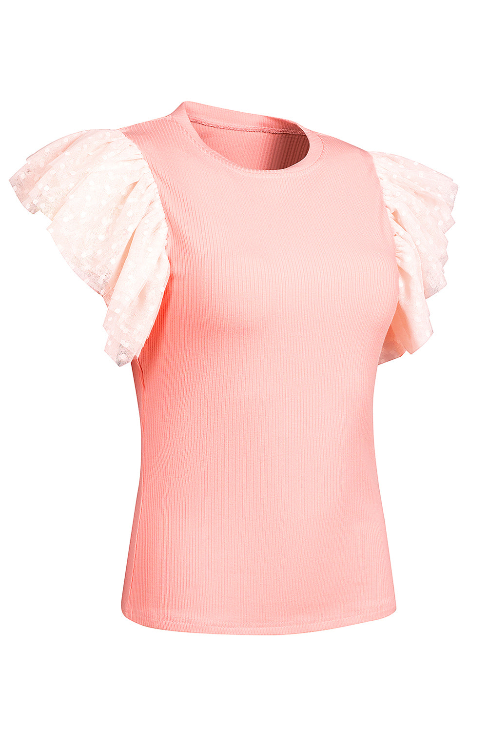 Gray Dotty Mesh Ruffle Sleeve Ribbed Knit Top