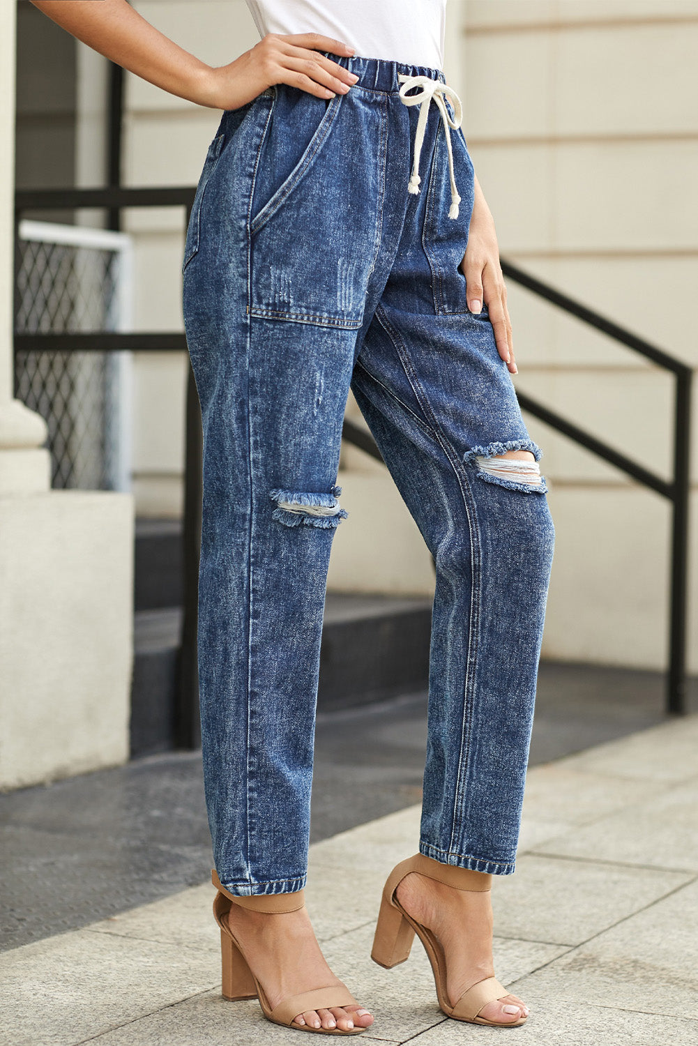 Sky Blue Gather Round Distressed Pocketed Denim Jogger
